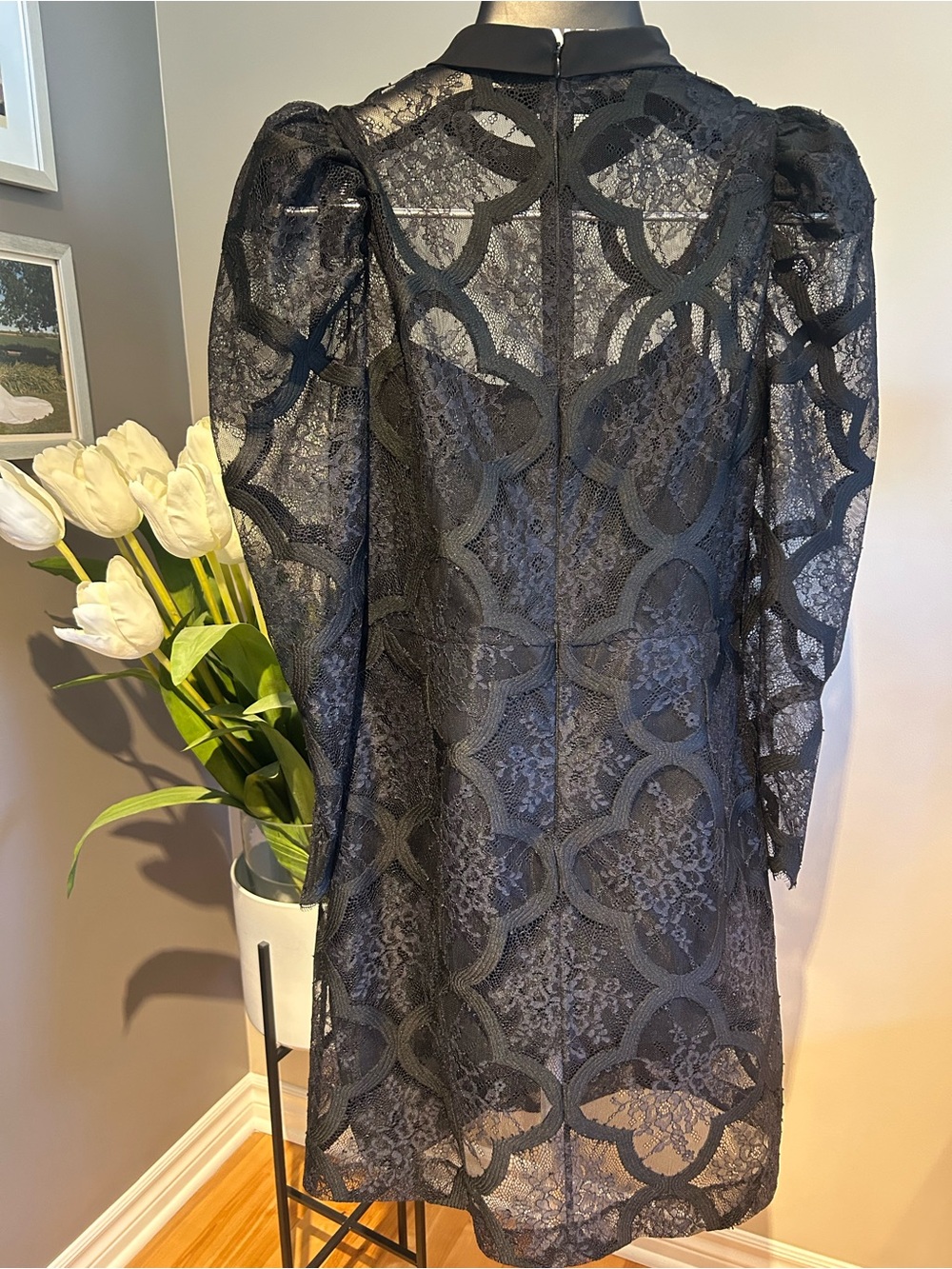 Sandro Black Lace Long-Sleeve Puff-Shoulder Dress - Picture 2 of 9